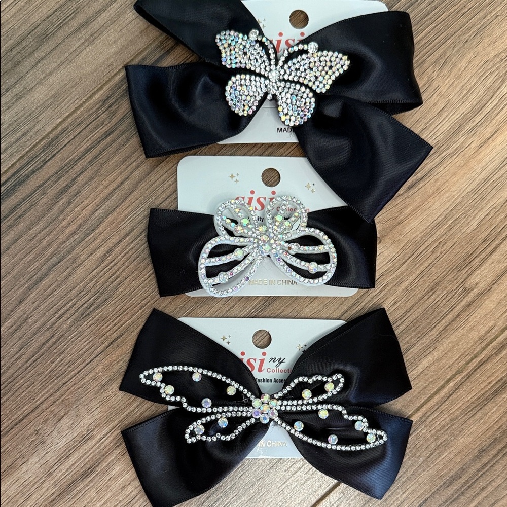 Elegant Black Hair Butterfly Bows with Rhinestone Accents